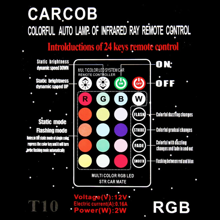 2 PCS W5W 194 T10 Multi Colors COB 12 SMD RGB LED Bulbs with Remote Control Wedge Side Lights License Plate Lamp, DC 12V