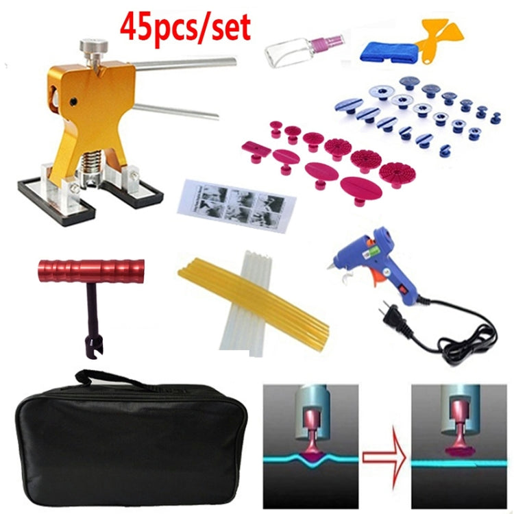 45 in 1 Auto Car Metal PDR Dent Lifter-Glue Puller Tab Hail Removal Paintless Car Dent Repair Tools Kit, with 20W Glue Gun, US Plug or EU Plug