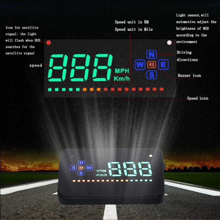A2 HUD 3.5 inch HD GPS Car Head Up Display, Speed & Over Speed Alarm, Compass, Freely Switch Between Kilometers and Miles