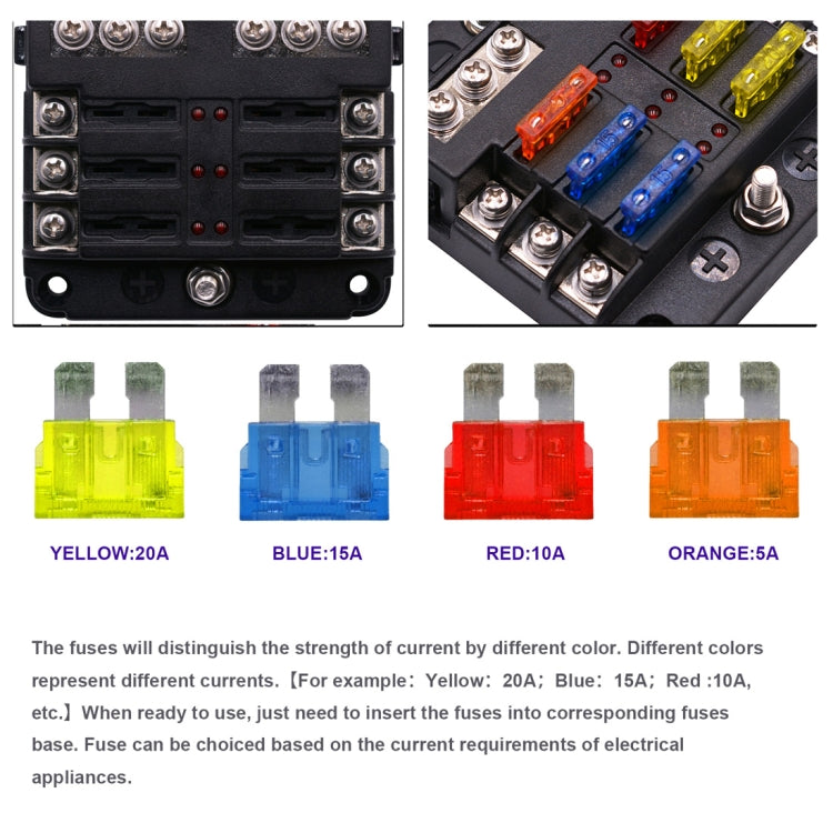 Independent Positive and Negative 1 in 6 Out 6 Way Circuit Blade Fuse Box Fuse Holder Kits with LED Warning Indicator for Auto Car Truck Boat