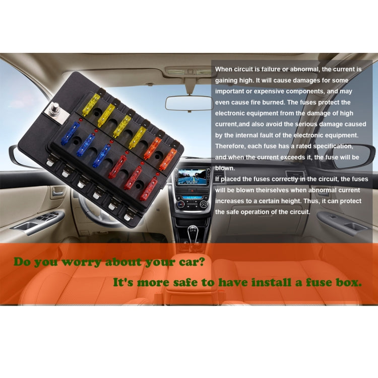 1 in 12 Out Fuse Box PC Terminal Block Fuse Holder Kits with LED Warning Indicator for Auto Car Truck Boat