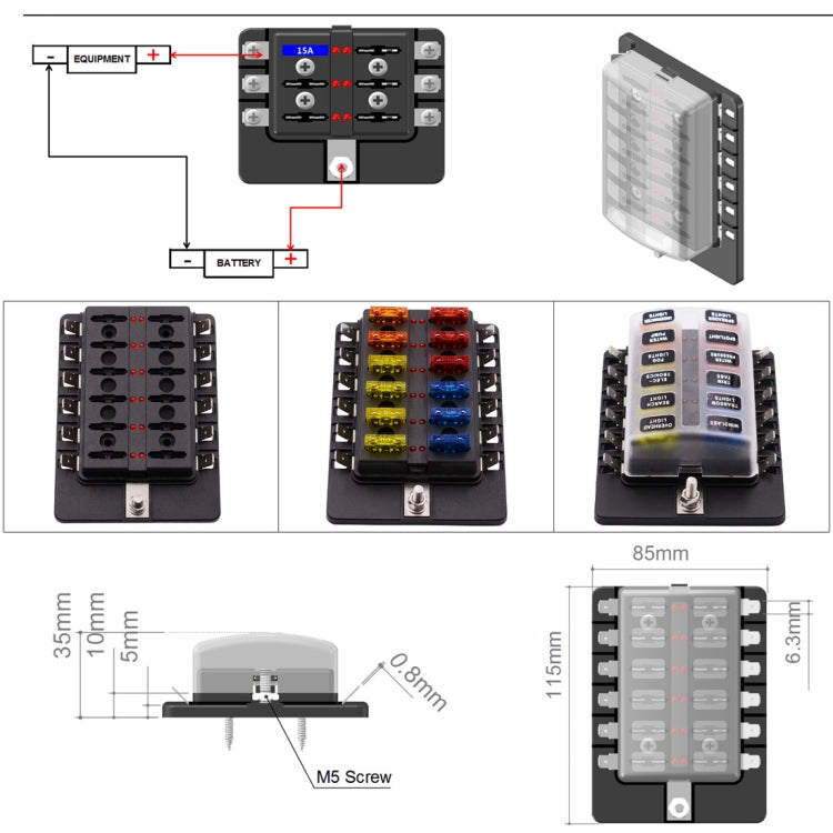 1 in 12 Out Fuse Box PC Terminal Block Fuse Holder Kits with LED Warning Indicator for Auto Car Truck Boat