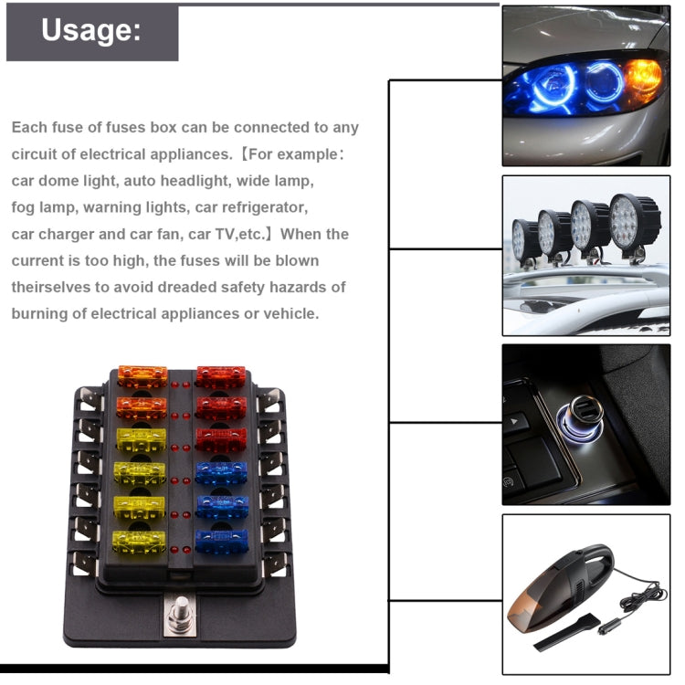 1 in 12 Out Fuse Box PC Terminal Block Fuse Holder Kits with LED Warning Indicator for Auto Car Truck Boat
