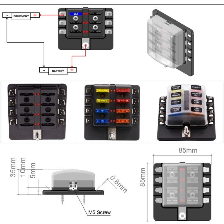 1 in 8 Out Fuse Box PC Terminal Block Fuse Holder Kits with LED Warning Indicator for Auto Car Truck Boat