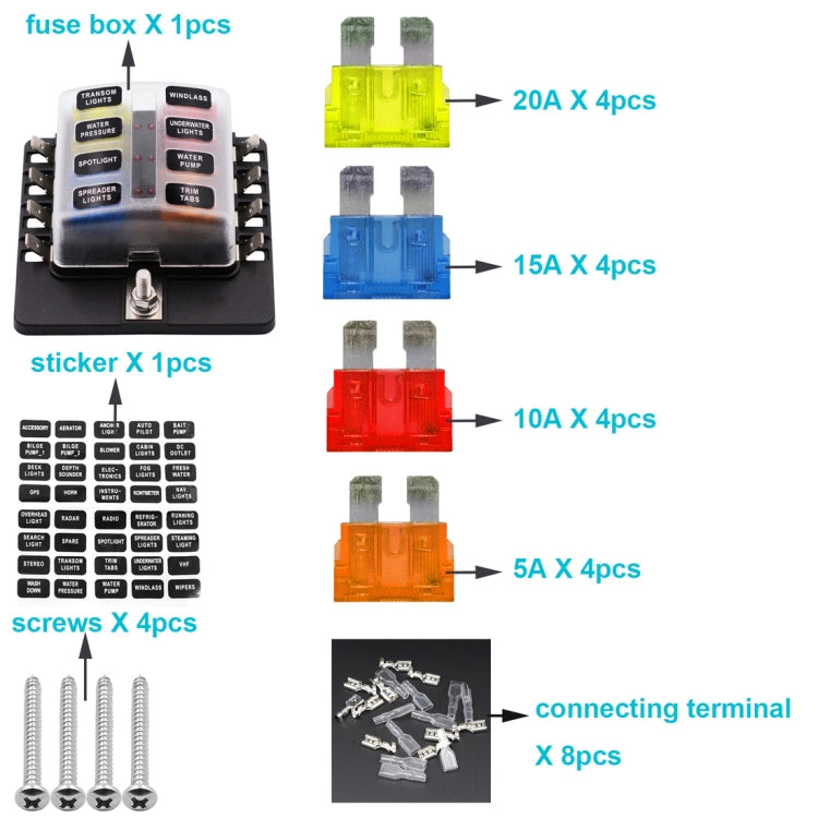 1 in 8 Out Fuse Box PC Terminal Block Fuse Holder Kits with LED Warning Indicator for Auto Car Truck Boat