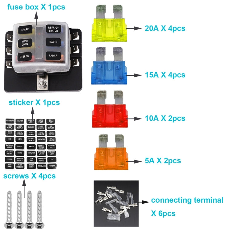 1 in 6 Out Fuse Box PC Terminal Block Fuse Holder Kits with LED Warning Indicator for Auto Car Truck Boat