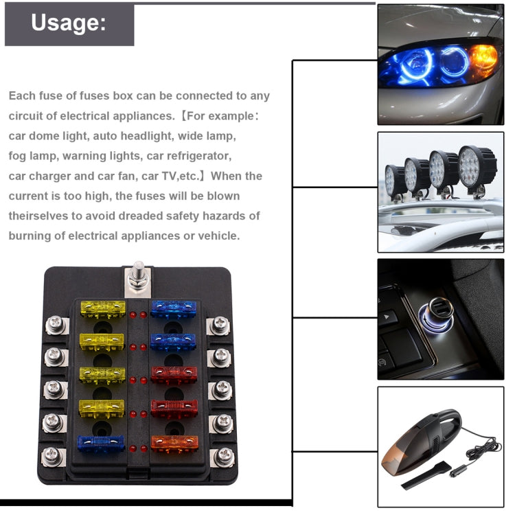 1 in 10 Out Fuse Box Screw Terminal Section Fuse Holder Kits with LED Warning Indicator for Auto Car Truck Boat