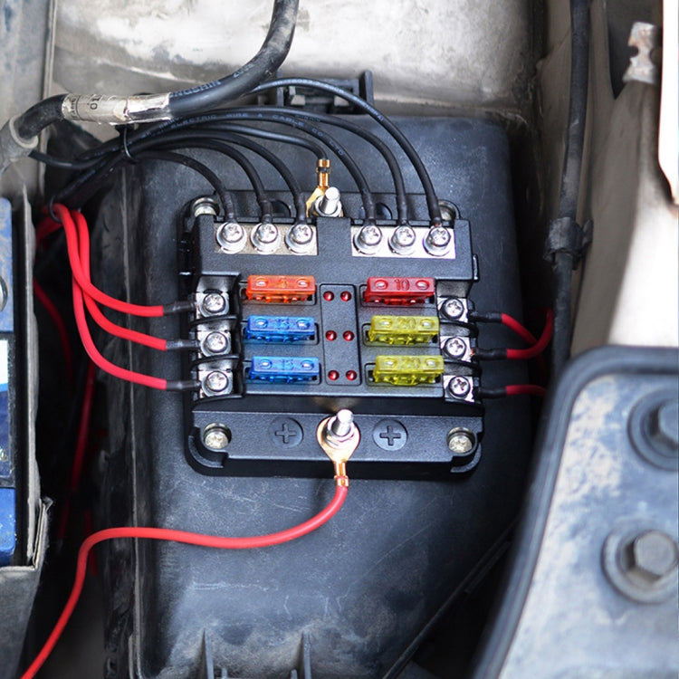 1 in 6 Out 6 Way Circuit Fuse Box Screw Terminal Section Fuse Holder Kits with LED Warning Indicator for Auto Car Truck Boat