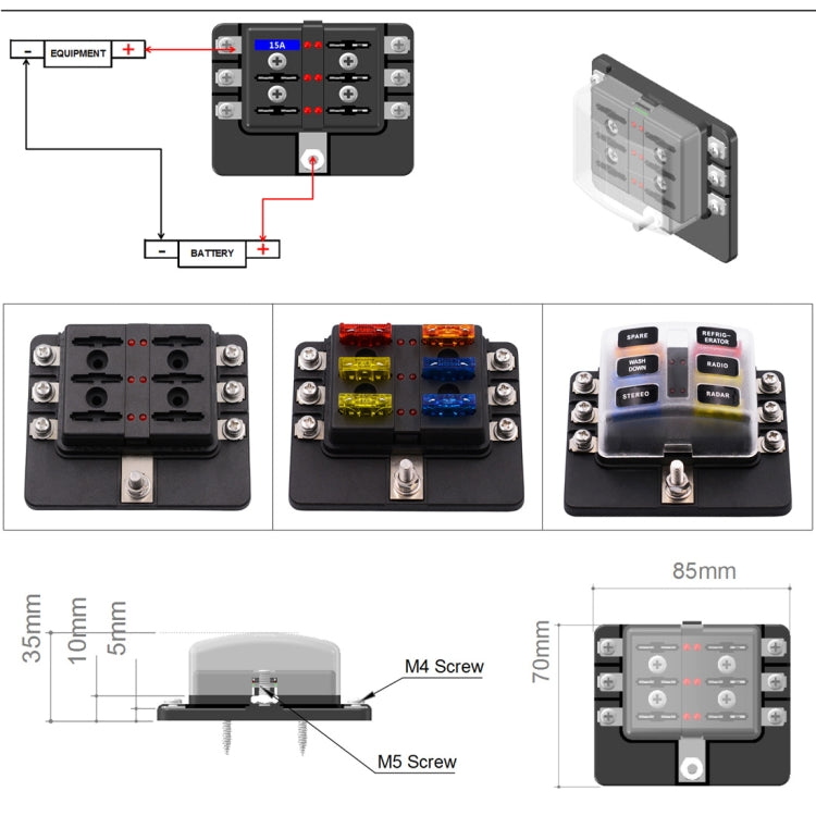 1 in 6 Out 6 Way Circuit Fuse Box Screw Terminal Section Fuse Holder Kits with LED Warning Indicator for Auto Car Truck Boat