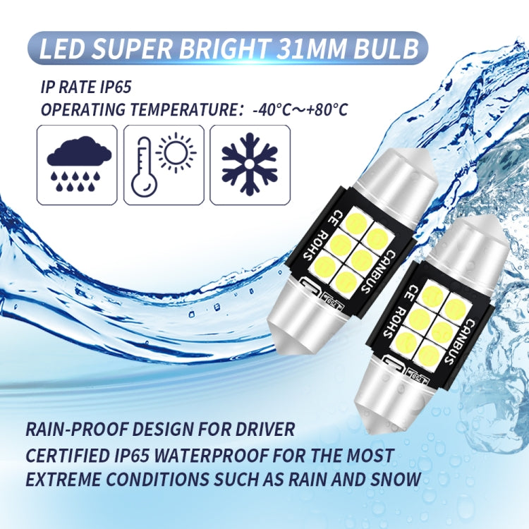 2 PCS 31mm DC12V-24V 3W 6000K 660LM 6LEDs SMD-3030 Car Reading Lamp / License Plate Light