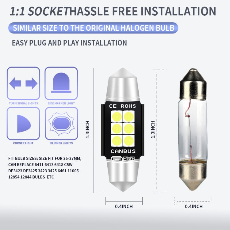2 PCS 36mm DC12V-24V 3W 6000K 660LM 6LEDs SMD-3030 Car Reading Lamp / License Plate Light