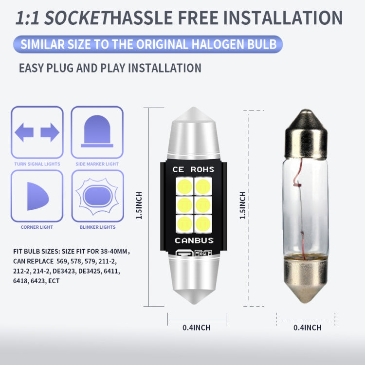 2 PCS 39mm DC12V-24V 3W 6000K 660LM 6LEDs SMD-3030 Car Reading Lamp / License Plate Light