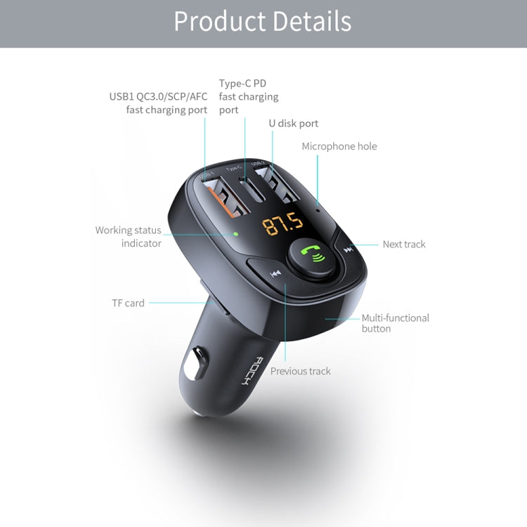 ROCK B301 Dual USB + PD Bluetooth 5.0 FM Transmitter & Car Charger, Support TF Card / U-disk