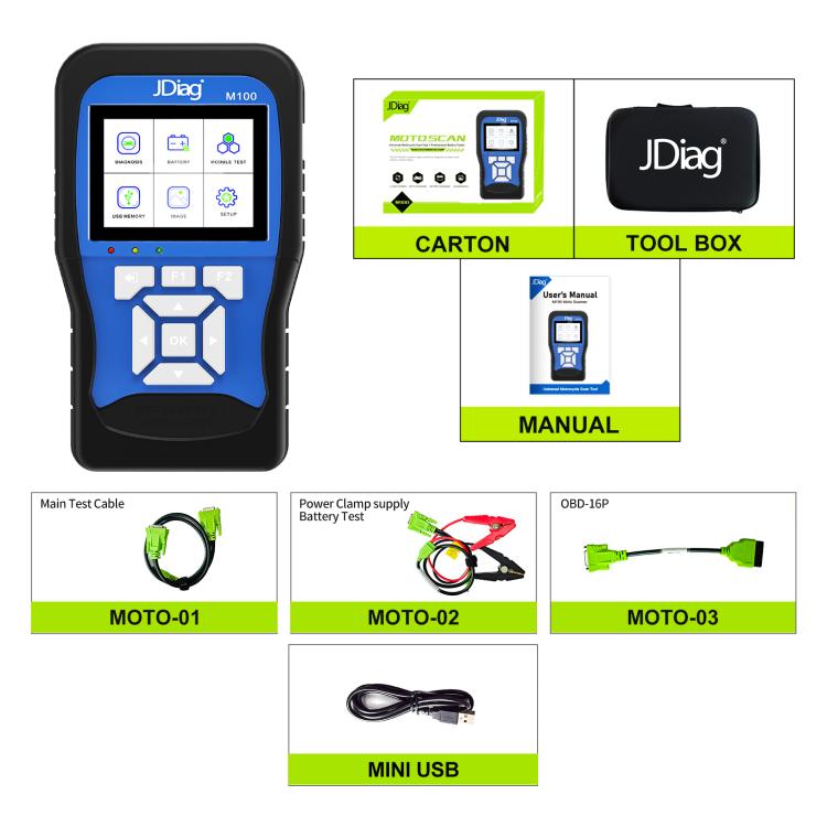 JDiag M100 Motorcycles 2 in1 OBD Scanner Battery Tester, Simplified Version