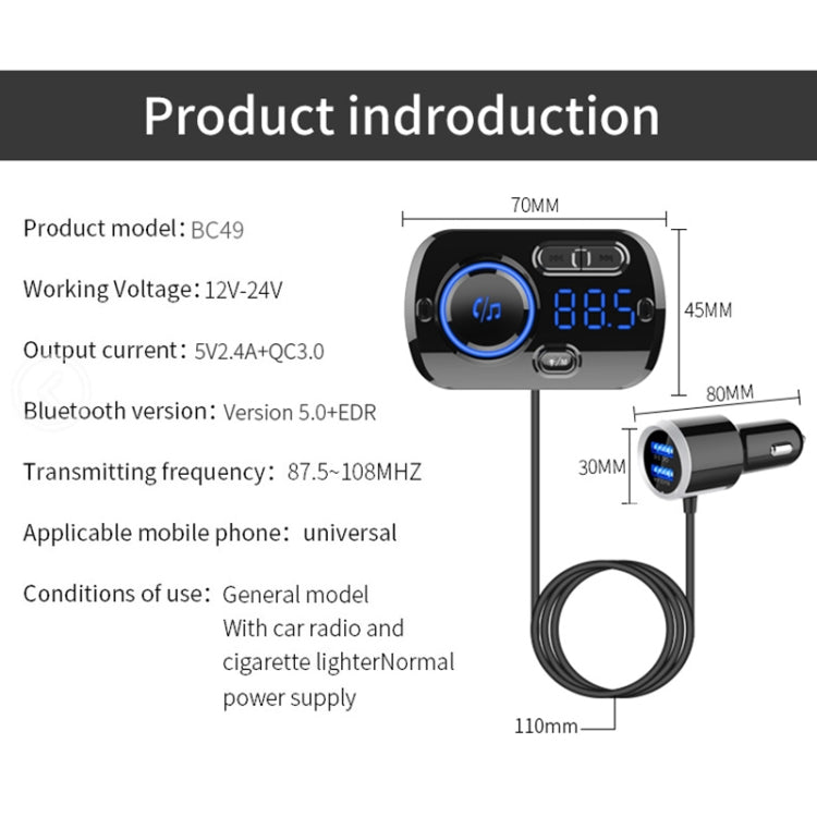 BC49BQ Car Digital Radio Receiver Bluetooth MP3 Player FM Transmitter Voice Assistant QC3.0 Quick Charger