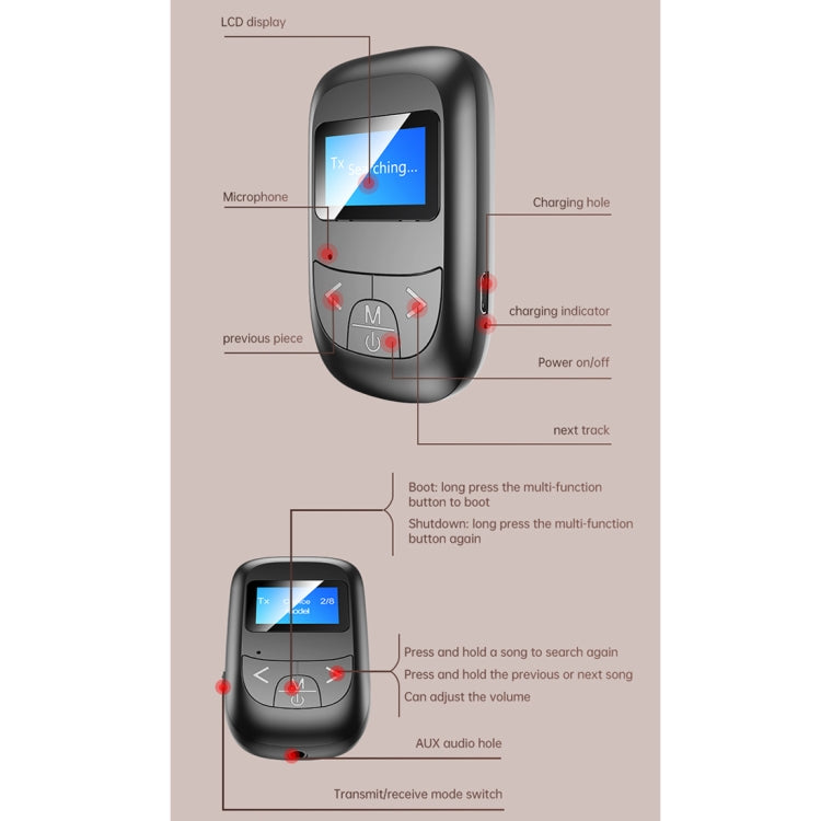 T-14 Bluetooth 5.0 2 In 1 LCD Digital Display Bluetooth Adapter Receiver Transmitter
