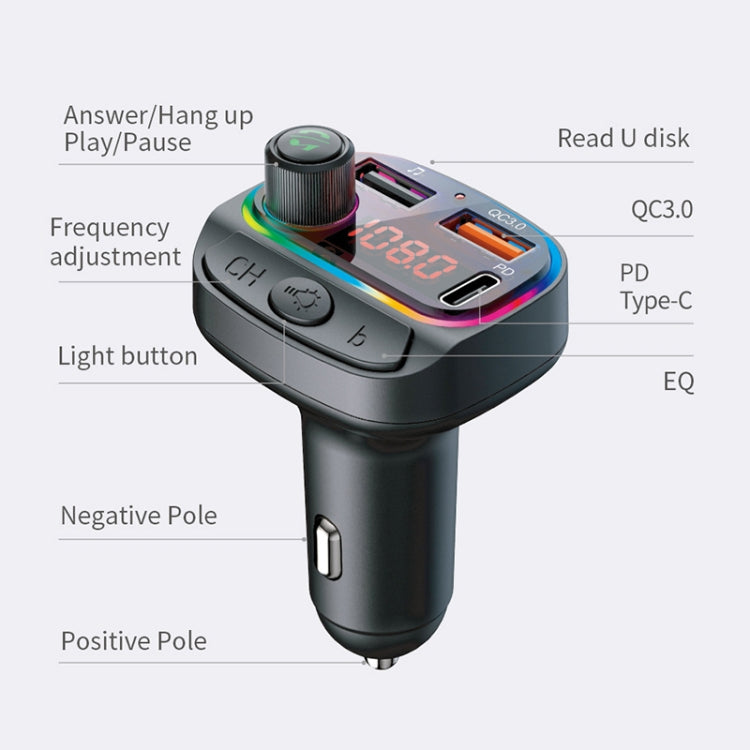 C14 Multifunctional Car Dual QC3.0+PD18W USB Charger Bluetooth FM Transmitter with Atmosphere Light