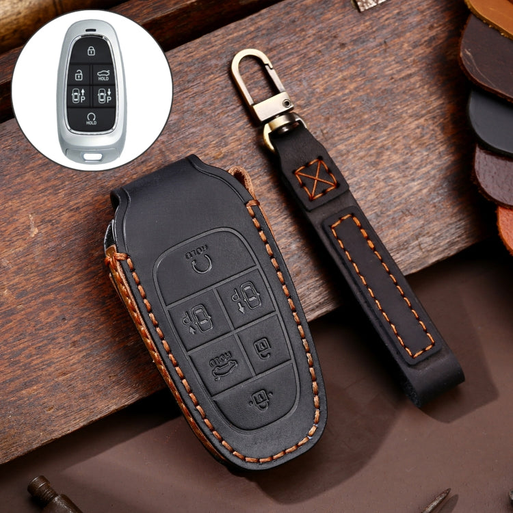 Hallmo Car Cowhide Leather Key Protective Cover Key Case for Hyundai 6-button