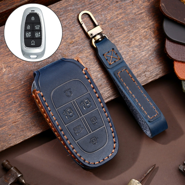 Hallmo Car Cowhide Leather Key Protective Cover Key Case for Hyundai 6-button