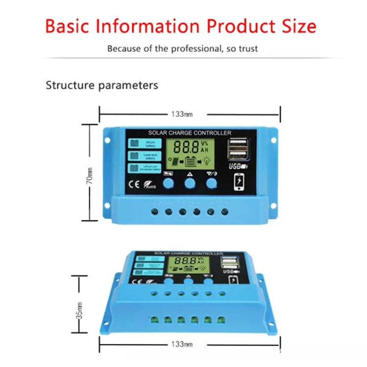 20A Solar Charge Controller 12V / 24V Lithium Lead-Acid Battery Charge Discharge PV Controller