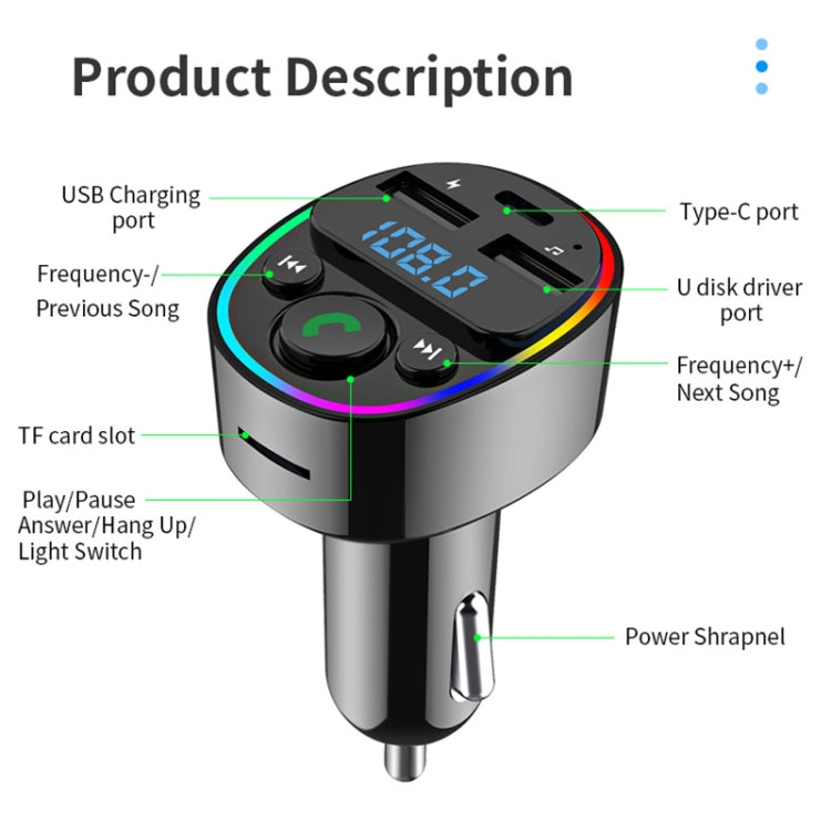 Car Bluetooth MP3 Player Audio FM Transmitter with Ambient Light