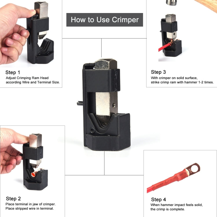 Car Battery Cable Hammer Crimper Hammer Lug Crimper Tool Pliers with T2 Copper 2 x 3/8 Heavy-duty Cold-pressed Wire Terminals