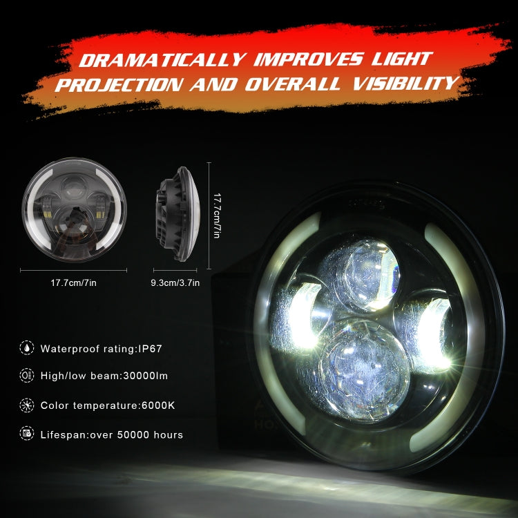 7 inch H4 / H13 DC 9V-30V 3000LM 3000K-6000K 25W Car Round Shape LED Headlight Lamps for Jeep Wrangler, with Angel Eye