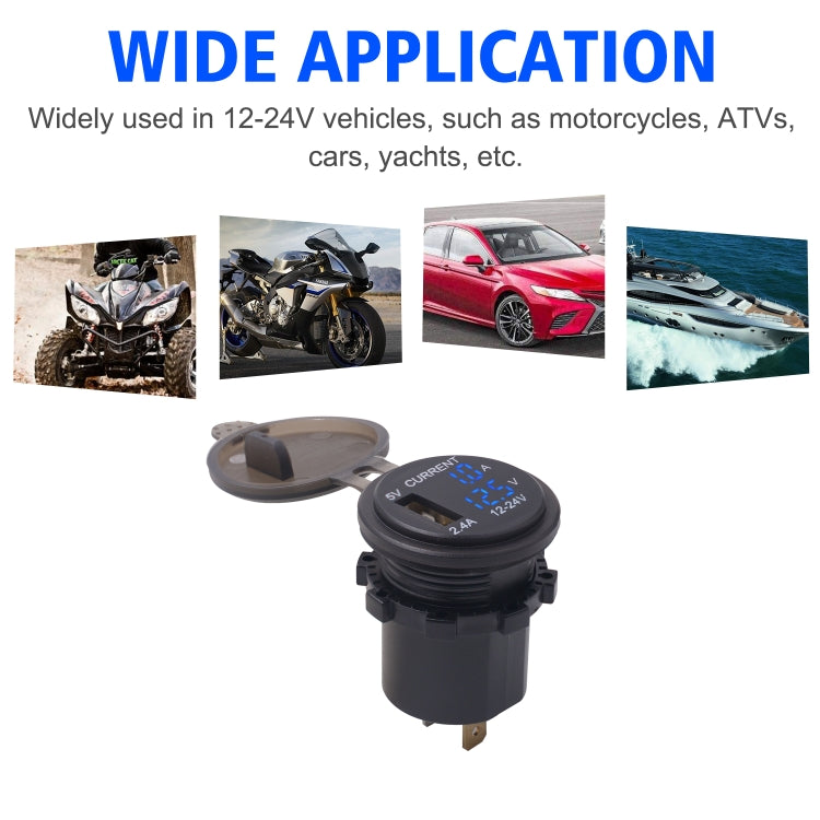 Universal Car Single Port USB Charger Power Outlet Adapter 2.4A 5V IP66 with LED Digital Voltmeter + Ammeter + 60cm Cable