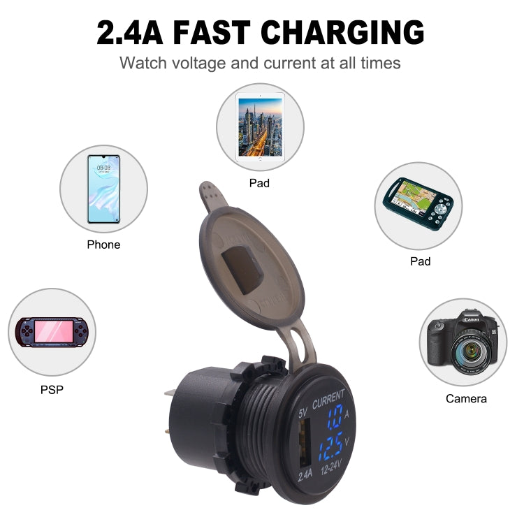 Universal Car Single Port USB Charger Power Outlet Adapter 2.4A 5V IP66 with LED Digital Voltmeter + Ammeter