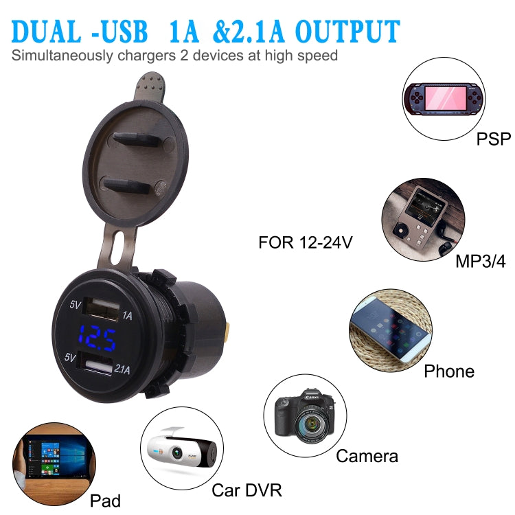 Universal Car Dual Port USB Charger Power Outlet Adapter 3.1A 5V IP66 with LED Digital Voltmeter + 60cm Cable