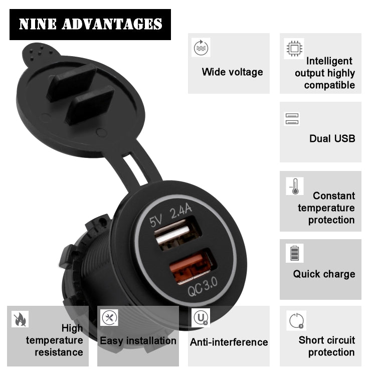 Universal Car QC3.0 Dual Port USB Charger Power Outlet Adapter 5V 2.4A IP66 with 60cm Cable
