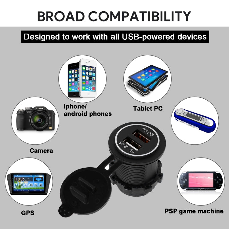 Universal Car QC3.0 Dual Port USB Charger Power Outlet Adapter 5V 2.4A IP66 with 60cm Cable