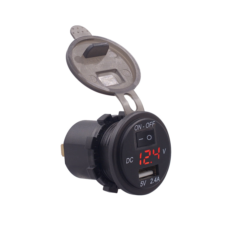 Universal Car Single Port USB Charger Power Outlet Adapter 2.4A 5V IP66 with LED Digital Voltmeter + Switch + 60cm Cable