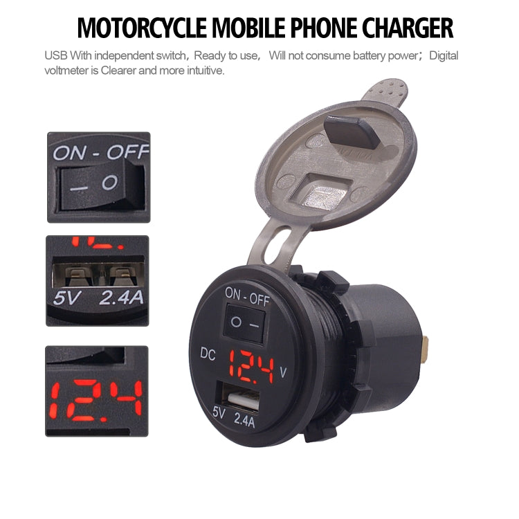 Universal Car Single Port USB Charger Power Outlet Adapter 2.4A 5V IP66 with LED Digital Voltmeter + Switch + 60cm Cable