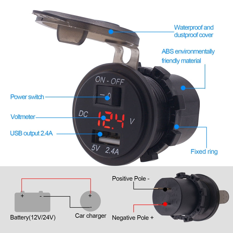 Universal Car Single Port USB Charger Power Outlet Adapter 2.4A 5V IP66 with LED Digital Voltmeter + Switch + 60cm Cable