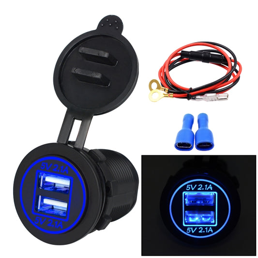 Universal Car Dual USB Charger Power Outlet Adapter 4.2A 5V IP66 with Aperture + 60cm Cable, 4.2A + 60cm Cable(Blue Light), 4.2A + 60cm Cable(Orange Light), 4.2A + 60cm Cable(Red Light)