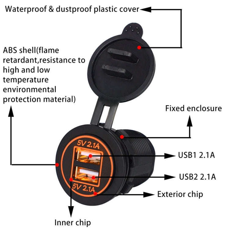 Universal Car Dual USB Charger Power Outlet Adapter 4.2A 5V IP66 with Aperture + 60cm Cable, 4.2A + 60cm Cable(Orange Light), 4.2A + 60cm Cable(Red Light), 4.2A + 60cm Cable(Blue Light)