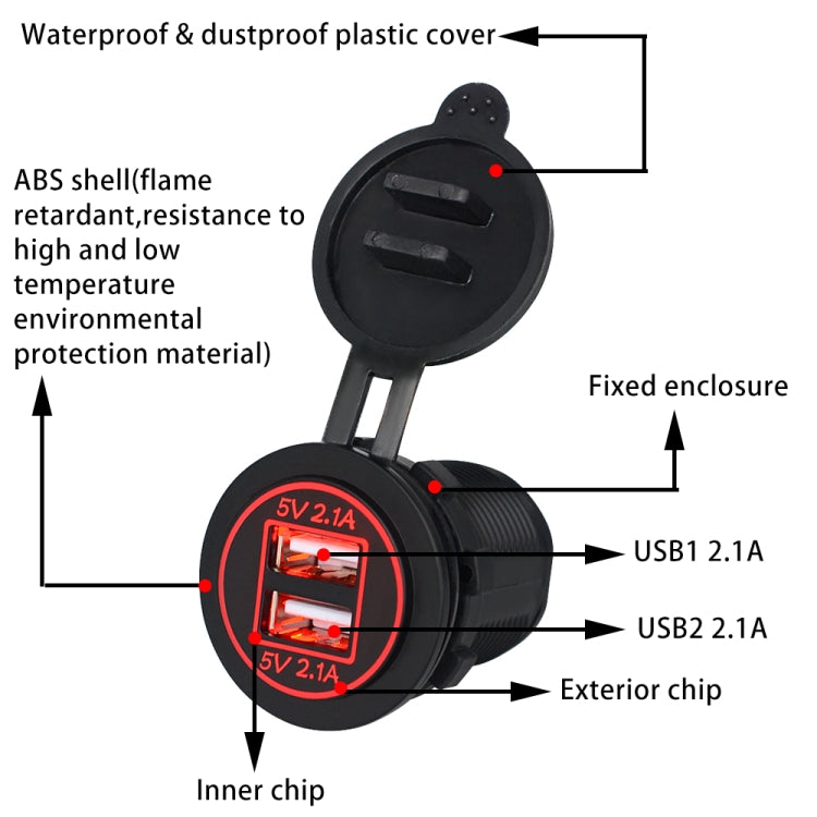 Universal Car Dual USB Charger Power Outlet Adapter 4.2A 5V IP66 with Aperture + 60cm Cable