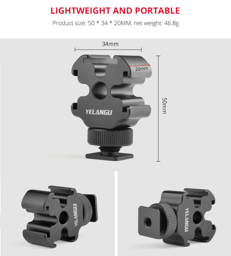 YELANGU YLG0601A A68 3-Head Cold Shoe Mount Adapter Microphone Flash Light Metal Holder Bracket