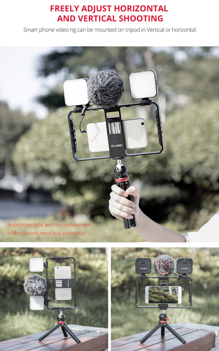 YELANGU  PC06 YLG0909A Vlogging Live Broadcast Smartphone Metal Cage Video Rig Filmmaking Recording Handle Stabilizer Bracket for iPhone, Galaxy, Huawei, Xiaomi, HTC, LG, Google, and Other Smartphones