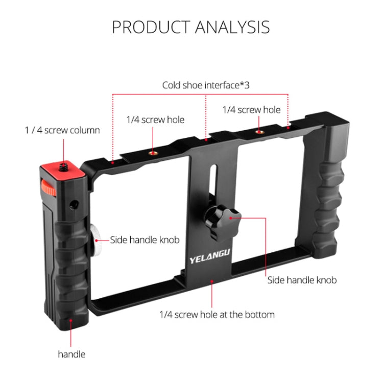 YELANGU PC02A Vlogging Live Broadcast Plastic Cage Video Rig Filmmaking Stabilizer Bracket for iPhone, Galaxy, Huawei, Xiaomi, HTC, LG, Google, and Other Smartphones