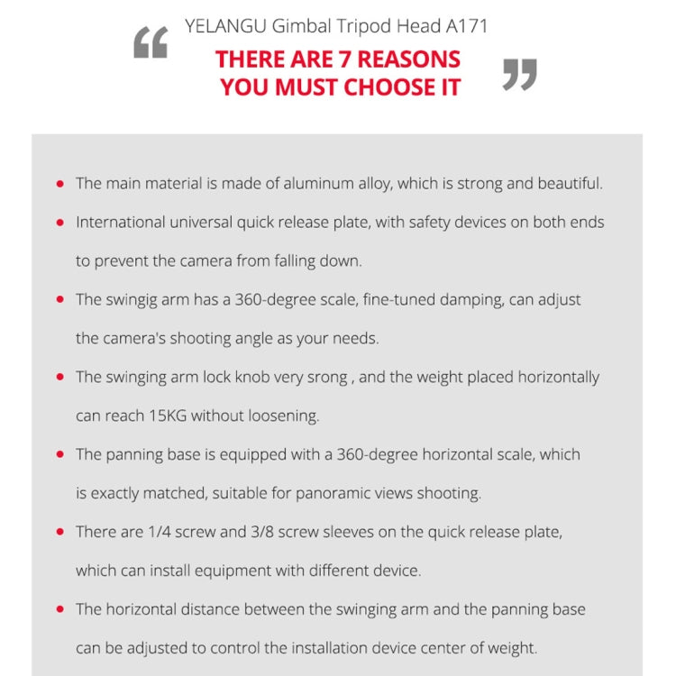 YELANGU A171 YLG0401E-C 360 Degree Rotation Horizontal Cantilever Gimbal Tripod Head for Home DV and SLR Cameras