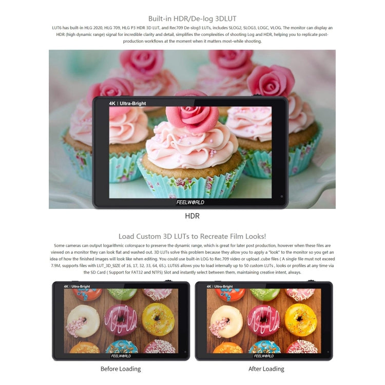 FEELWORLD LUT6 1920x1080 2600 nits 6 inch IPS Screen HDMI 4K Touch Control Camera Field Monitor