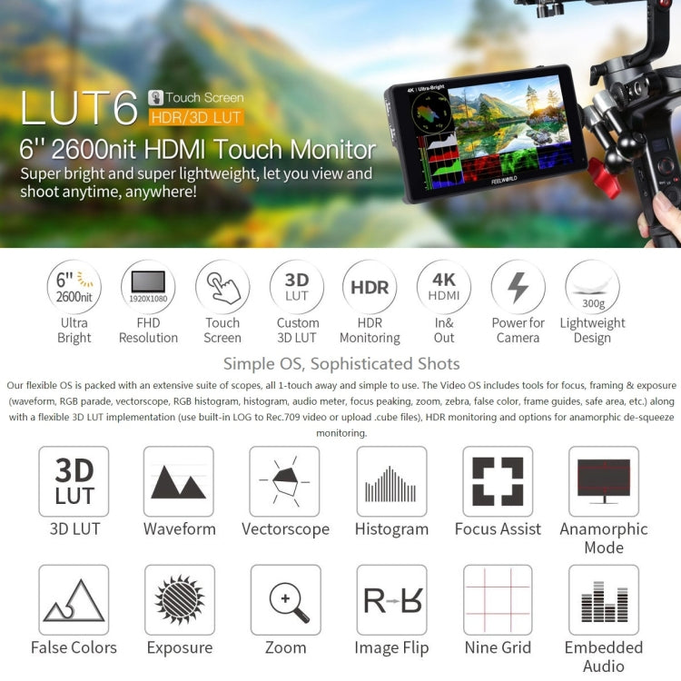 FEELWORLD LUT6 1920x1080 2600 nits 6 inch IPS Screen HDMI 4K Touch Control Camera Field Monitor