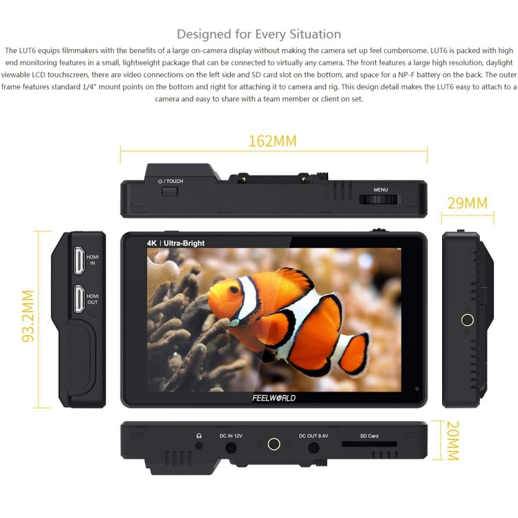 FEELWORLD LUT6 1920x1080 2600 nits 6 inch IPS Screen HDMI 4K Touch Control Camera Field Monitor
