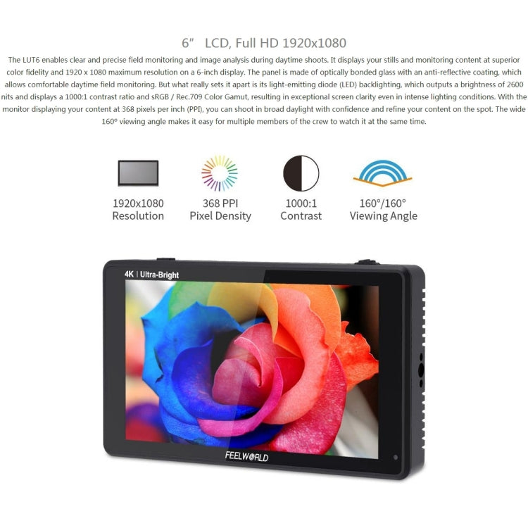 FEELWORLD LUT6 1920x1080 2600 nits 6 inch IPS Screen HDMI 4K Touch Control Camera Field Monitor