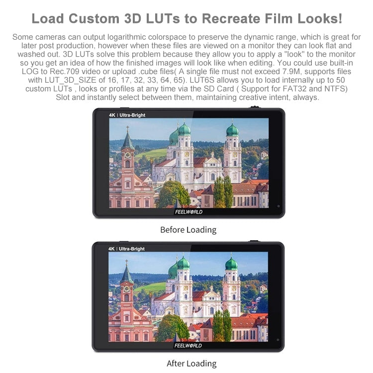 FEELWORLD LUT6S 1920x1080 2600 nits 6 inch IPS Screen HDMI 4K Touch Screen SDI HDI Camera Field Monitor