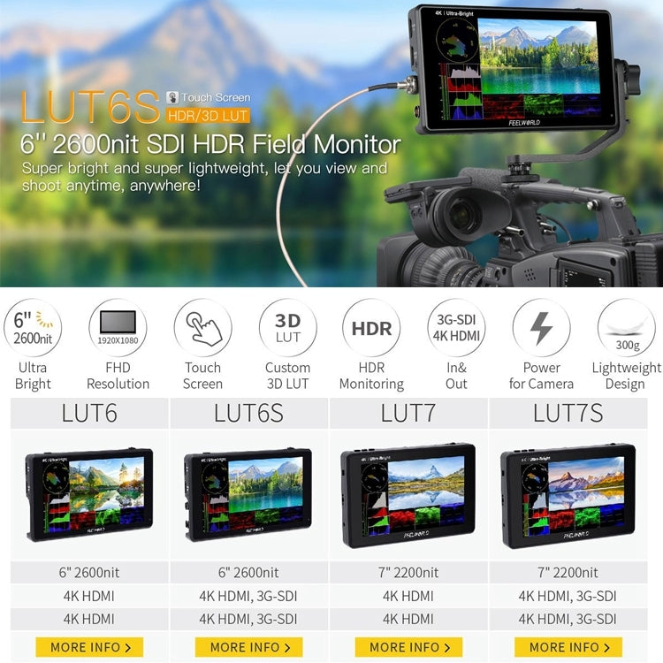 FEELWORLD LUT6S 1920x1080 2600 nits 6 inch IPS Screen HDMI 4K Touch Screen SDI HDI Camera Field Monitor