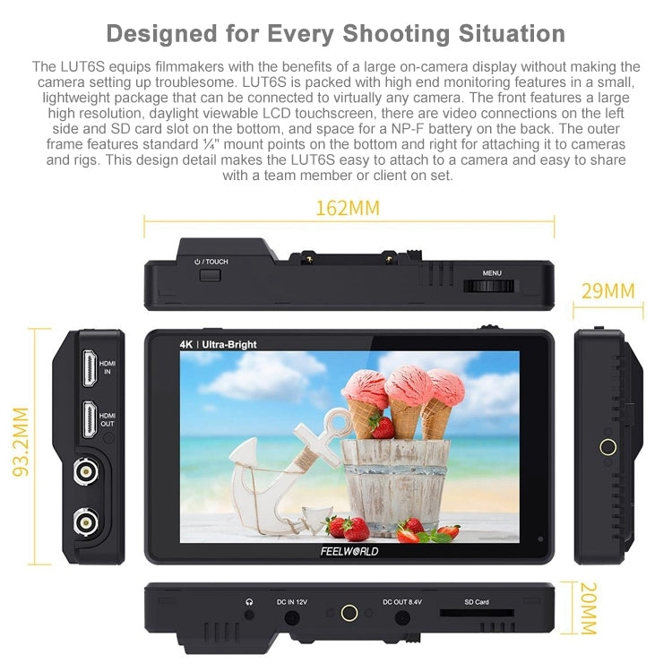 FEELWORLD LUT6S 1920x1080 2600 nits 6 inch IPS Screen HDMI 4K Touch Screen SDI HDI Camera Field Monitor
