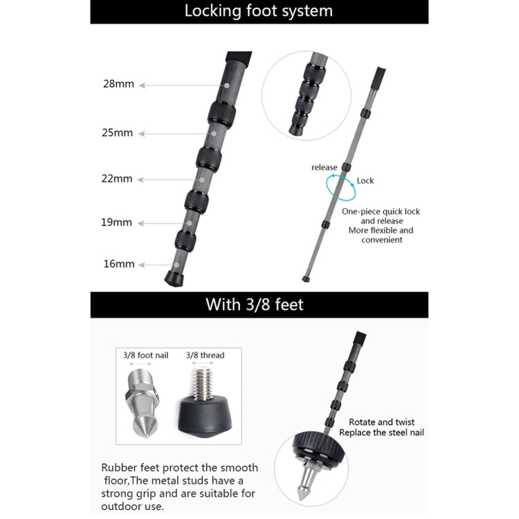 BEXIN MCS285 Portable Travel Outdoor DSLR Camera Carbon Fiber Monopod Holder